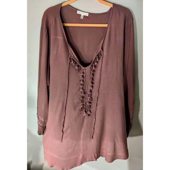 Spense Woman Semi-sheer Fringed Blouse Plus size 2X, Brown - Picture 3 of 4
